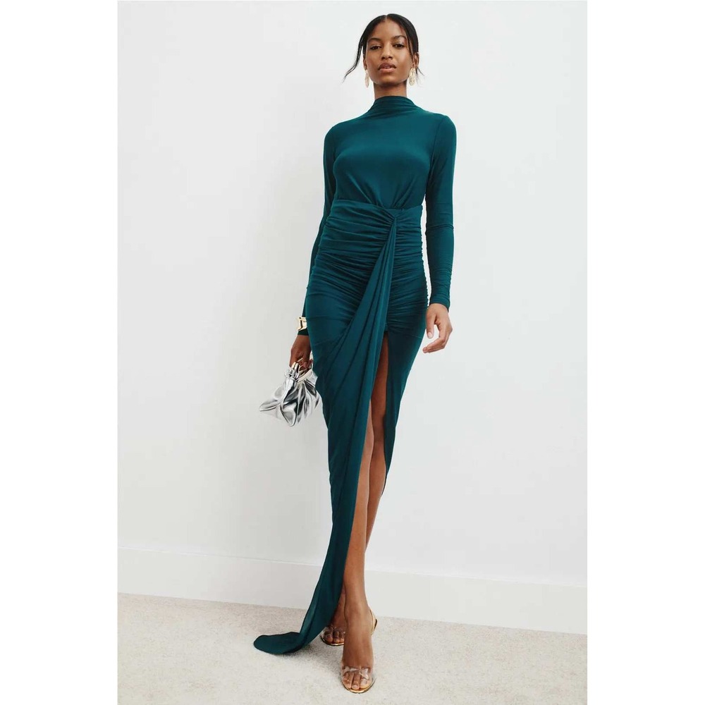 RONNY KOBO Sera Dress Teal Green Ruched Mock Neck High Slit Maxi Dress XS